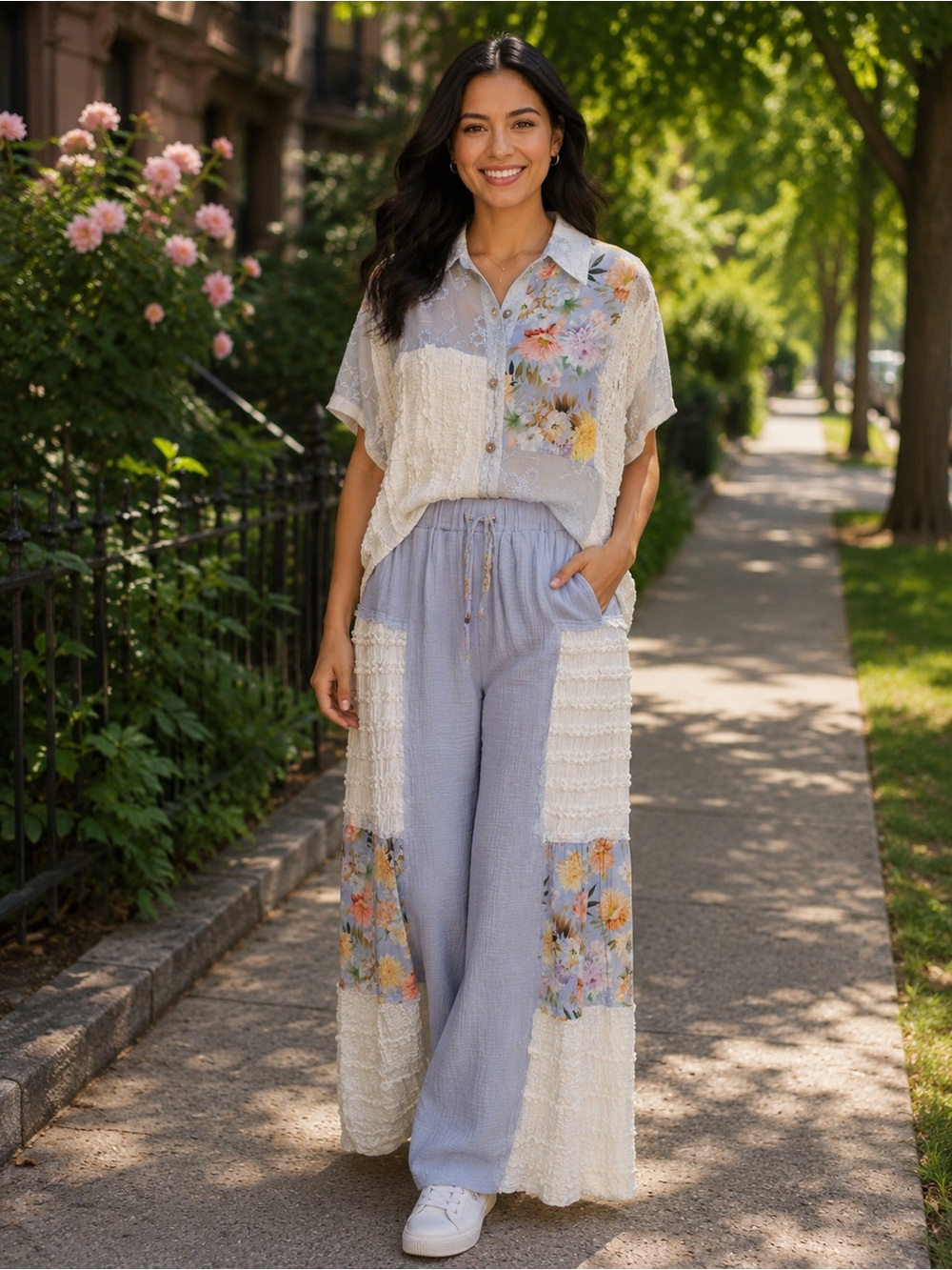 H241 New POL 2pc Set S ptp24 Tops S to L Pants L Floral & Lace Blue